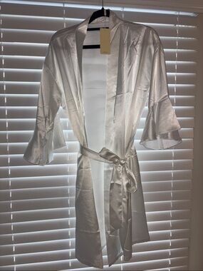 Amazon White Satin Kimono Robe with Tie Belt